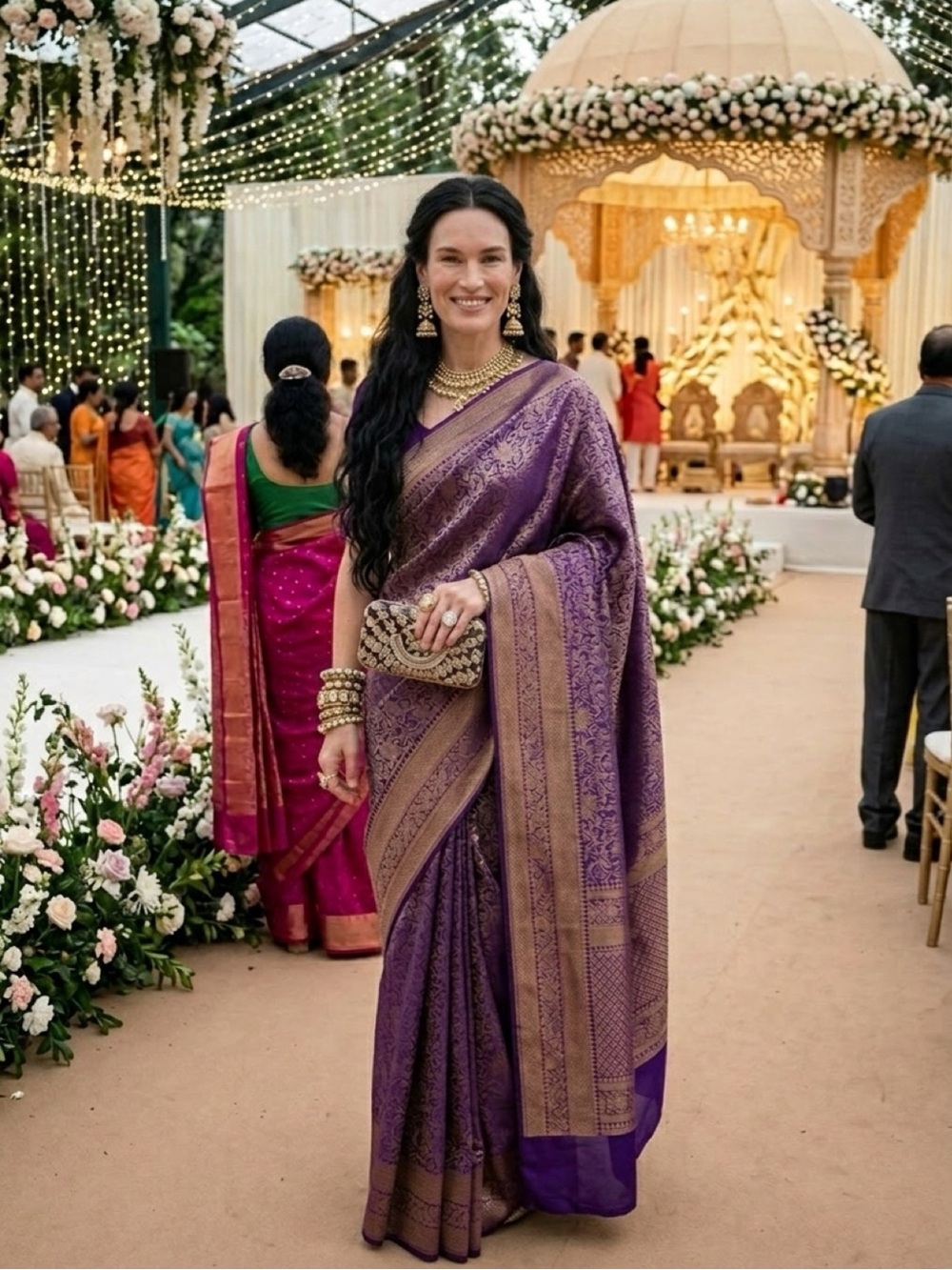 Premade Lavish Purple and Gold Woven Silk ready to wear Saree with Matching Blou - Picture 6 of 12